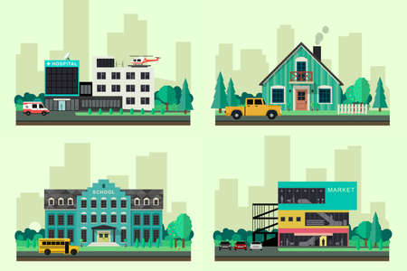 Vector flat buildings. Simple illustrations of house, hospital, market and school.のイラスト素材