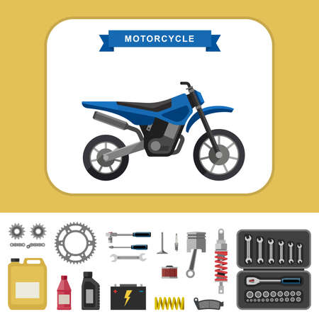 Motorcycle with parts in flat style. Vector simple illustration of motocross bike with moto parts and tools icons.のイラスト素材