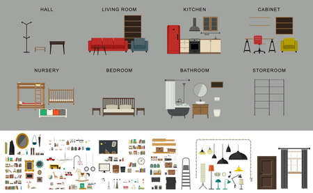 Furniture interior elements. icons set of furniture and accessories in flat style.のイラスト素材