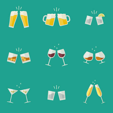 Clink glasses flat icons. Glasses with alcoholic beveragesのイラスト素材