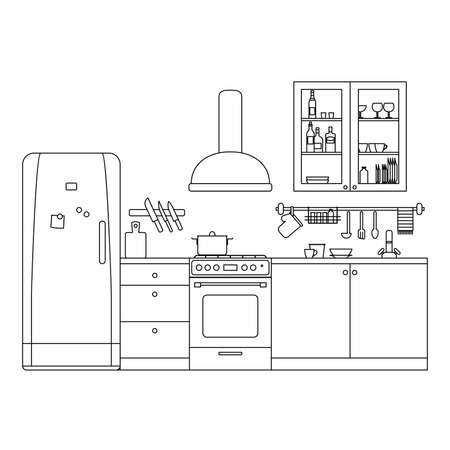 Kitchen line interior with furniture and equipment thin illustration.のイラスト素材