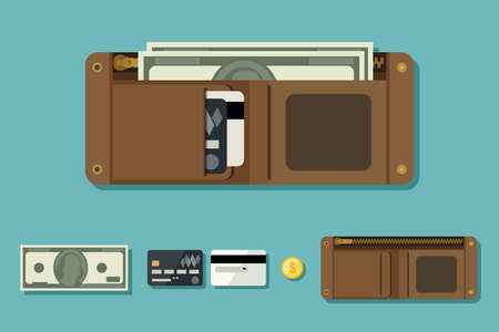 Wallet open with money in flat style. Icons of coin, wallet, credit cards.のイラスト素材
