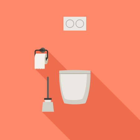 Toilet flat icon with toilet paper and toilet brush.のイラスト素材