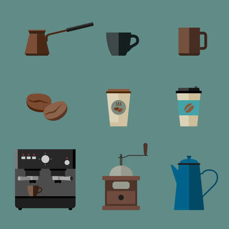 Coffee icons set in flat style. Flat icons coffee machine, cups, coffee beans and coffee pots.のイラスト素材