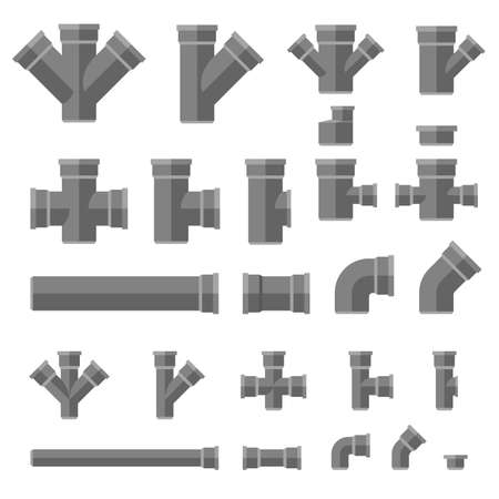 Sewage pipes flat icons. Vector set parts and pipes of engineering sewer system.のイラスト素材