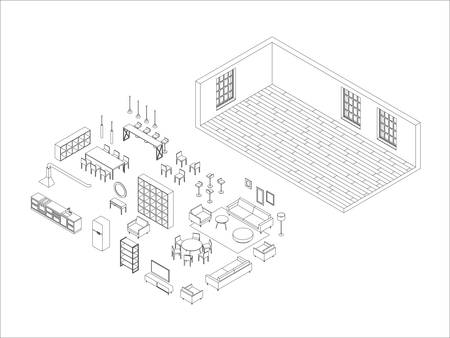 Line furniture set in isometric view. Vector illustration of living room planning.のイラスト素材