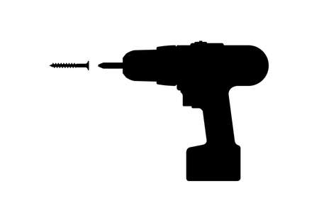 Electric screwdriver with screw black silhouettes. Vector illustration of electric tool.のイラスト素材