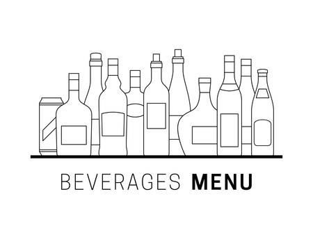 Alcohol drinks collection. Beverages menu with bottles of alcoholic drinks.のイラスト素材