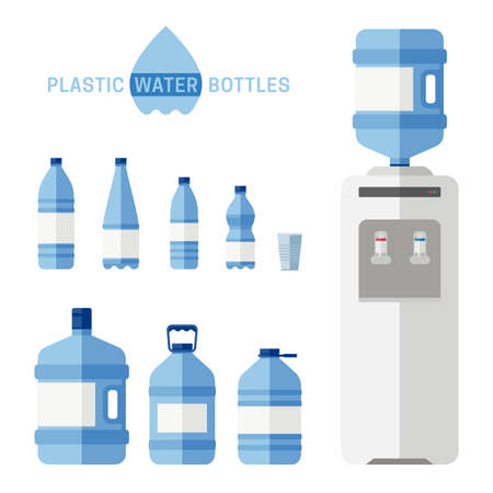 Plastic water bottles with cooler flat icons. Simple illustration with plastic cooler for water and different bottles.のイラスト素材