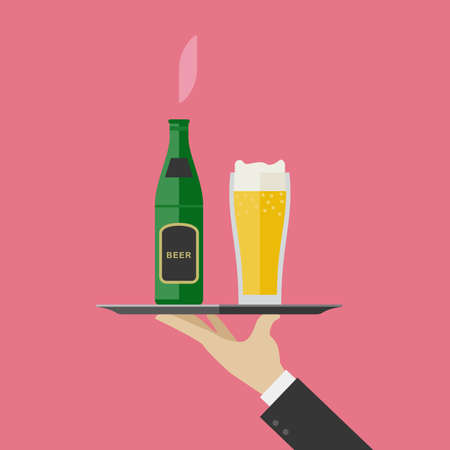 Waiter brings a bottle and a glass of beer. Flat illustration of tray with beer and glassのイラスト素材