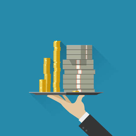 Business man hand holding tray with money. Bank gives cash. Flat illustration of pile dollars and coinsのイラスト素材