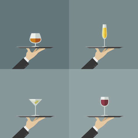 Waiter brings a glass of wine, champagne, whiskeyのイラスト素材