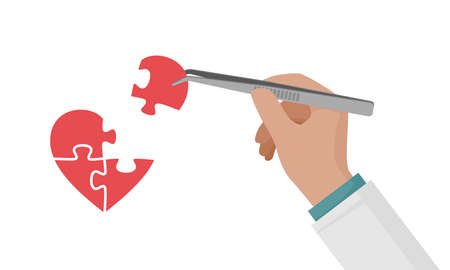 A man makes a heart puzzle with tweezers.のイラスト素材