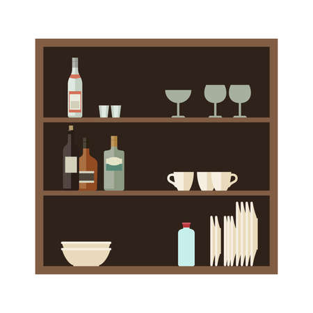 Plates, cups stand on shelves in the kitchen.のイラスト素材