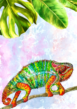 Template design with watercolor painted tropical leaves. Vertical format. Illustration, full-color chameleon, color lizard, watercolor chameleonの写真素材