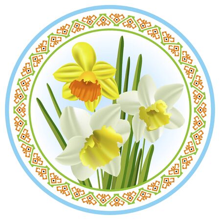 Flowers daffodils in patterned round framed with folk ornamentのイラスト素材