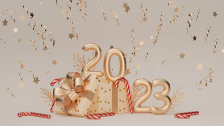 Merry Christmas and Happy New Year. Xmas Festive background with realistic objects. Holiday...