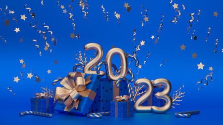 Merry Christmas and Happy New Year. Xmas Festive background with realistic objects. Holiday...