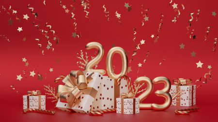Merry Christmas and Happy New Year. Xmas Festive background with realistic objects. Holiday...