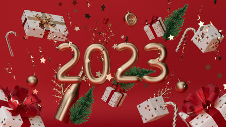 Merry Christmas and Happy New Year. Xmas Festive background with realistic objects. Holiday...