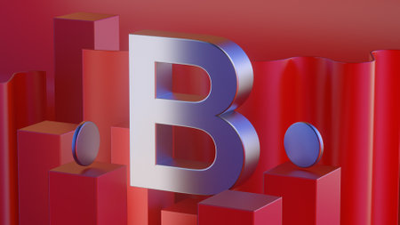 3d red shiny metal alphabet letter B frame isolated on white backgroundの写真素材