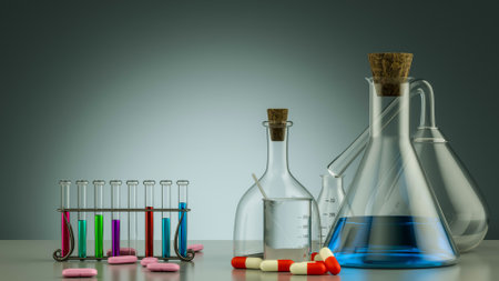 Laboratory equipment. Realistic 3D glass tubes, flask, beaker and other chemical and medicine lab measuring equipment. illustration testing equipments set for science experiments or measuringの写真素材