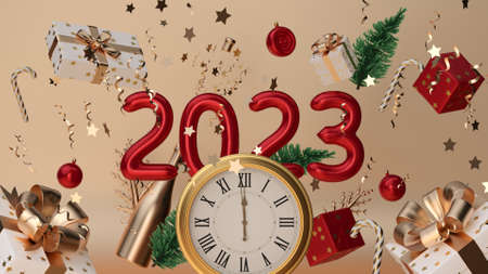 Merry Christmas and Happy New Year. Xmas Festive background with realistic objects. Holiday...