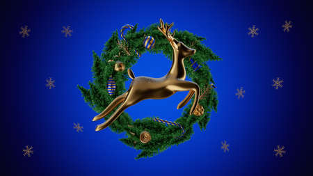 Christmas banner. Xmas Background with realistic objects, Gold Metal Deerの写真素材