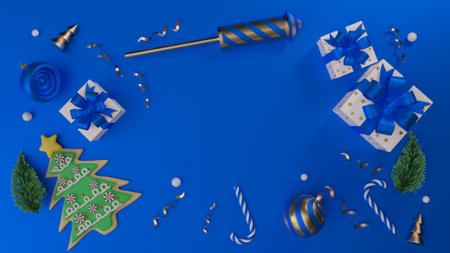 Merry Christmas and Happy New Year. Xmas Festive background with realistic objects. Holiday elements, 3d render and realism. Greeting card, banner, web poster.の写真素材