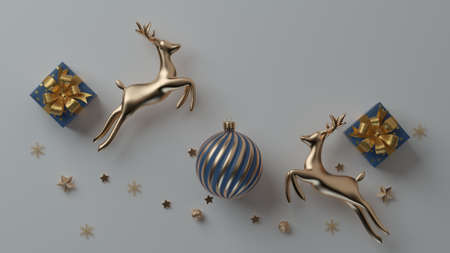 Merry Christmas and Happy New Year. Xmas Festive background with realistic objects. Holiday elements, 3d render and realism. Greeting card, banner, web poster.の写真素材