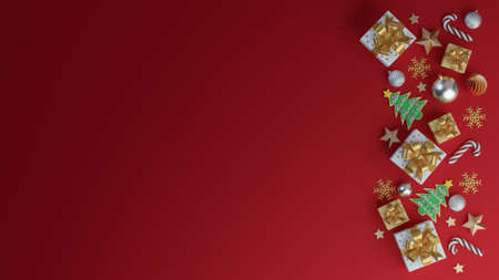 Merry Christmas and Happy New Year. Xmas Festive background with realistic objects. Holiday...