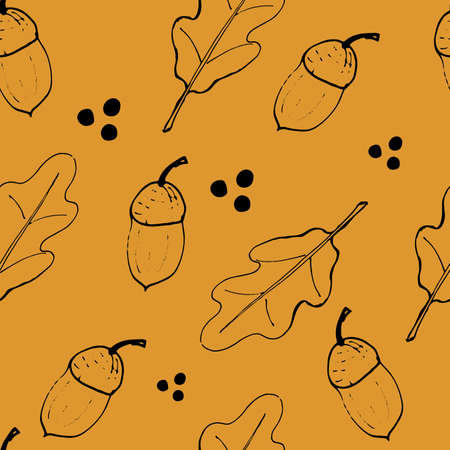 Vector seamless pattern. Hand drawn autumn acorns, oak leaves, floral and abstract elements.のイラスト素材