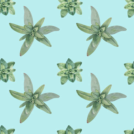 Watercolor hand drawn green leaves and herbs seamless pattern on blue background. Summer leaves and...