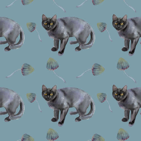 Watercolor black cat and mushrooms seamless pattern on blue background. Halloween and autumn theme.の写真素材