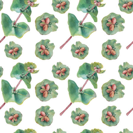 Watercolor hand drawn green leaves and herbs seamless pattern on white background. Summer leaves and buds. Flat lay.の写真素材