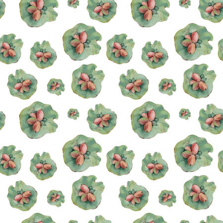 Watercolor hand drawn green leaves and herbs seamless pattern on white background. Summer leaves and buds. Flat lay.の写真素材