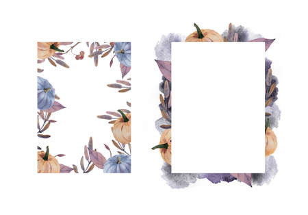 Watercolor frames with autumn leaves and pumpkins. Halloween and autumn theme.の写真素材