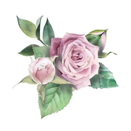 Watercolor vector hand drawn green leaves and rose flower bouquet.のイラスト素材