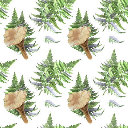 Watercolor mushrooms and fern leaves seamless pattern on white background. Forest theme.の写真素材