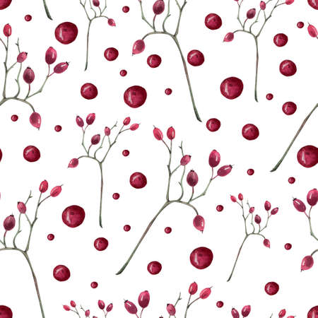 Watercolor seamless pattern with berries on white background. Winter, Christmas theme.の写真素材