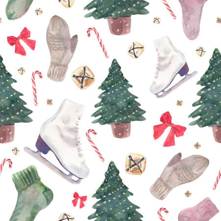 Watercolor seamless pattern with christmas tree and skates on white background. Winter, Christmas theme.の写真素材