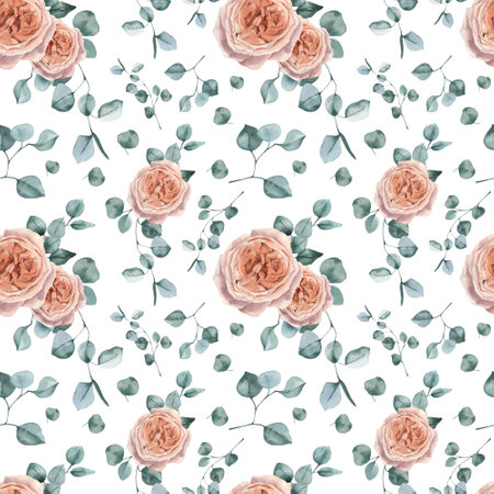 Watercolor seamless pattern with green foliage on white backgroundの写真素材