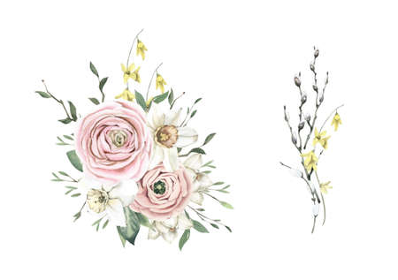 Watercolor Bouquets with Ranunculus, Daffodils and Willow. Perfect for invitation and social media.の写真素材