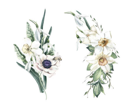Watercolor Bouquets with Chick, Nest, Snowdrops and Anemone. Perfect for invitation and social media.の写真素材