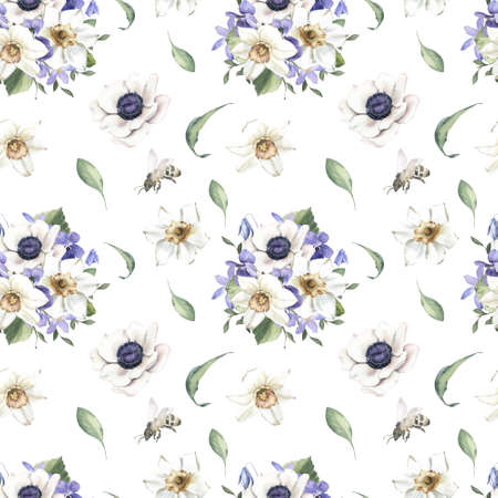 Watercolor Seamless Pattern with Easter Eggs and Leaves on White Background. Spring and Easter...