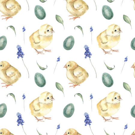 Watercolor Seamless Pattern with Easter Eggs and Leaves on White Background. Spring and Easter...