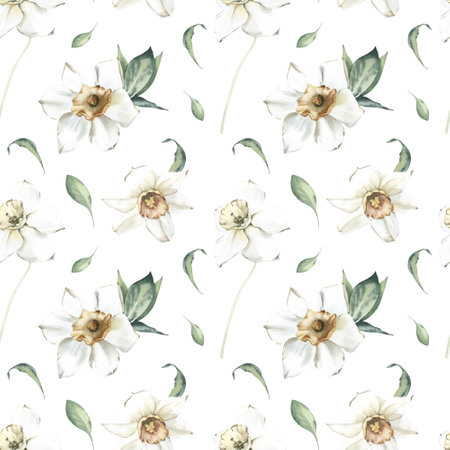 Watercolor Seamless Pattern with Easter Eggs and Leaves on White Background. Spring and Easter Theme.の写真素材