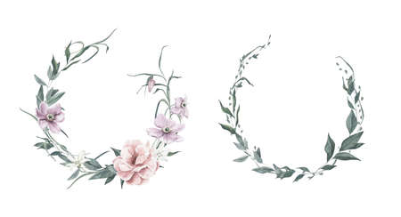 Watercolor Wreaths with Roses, Poppies and Foliage. Perfect for invitation and social media.の写真素材