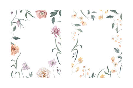 Watercolor Frames with Roses, Poppies and Foliage. Perfect for invitation and social media.の写真素材
