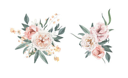 Watercolor Bouquets with Roses, Orchids and Foliage. Perfect for invitation and social media.の写真素材